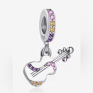 Silver Dangle Guitar Charm with Purple and Pink Sparkle